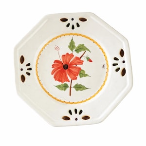 Vintage Hand-Painted Hibiscus Octagonal Plate, St-Martin Art Pottery Serving Dish