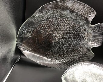 ARCOROC France Large Glass Fish Platter and 6 Plates