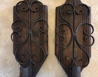 Aplique rústico de madera y metal para velas, 21” x 7” (JI)