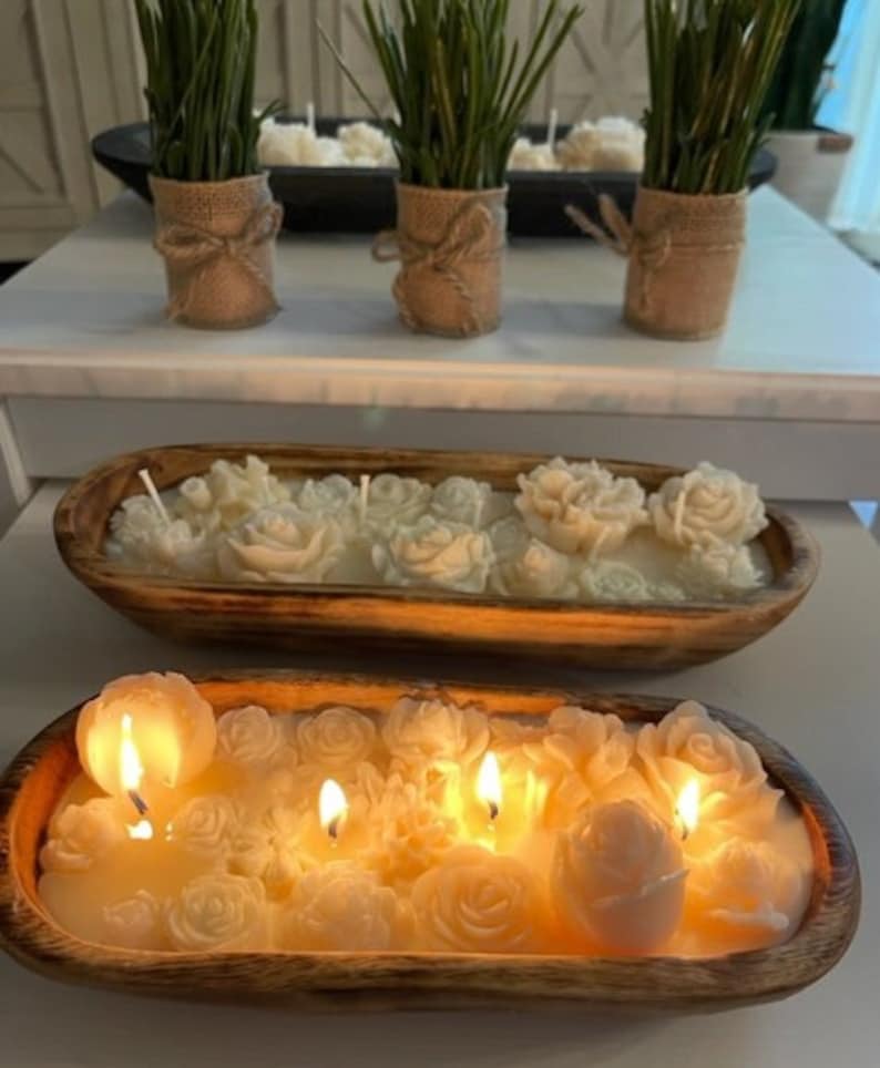 Candle Flowers in Dough Bowl, Floral Handmade Candles, All Natural Hand Poured Wax, Long Lasting Candle, Housewarming Gift for Her image 6