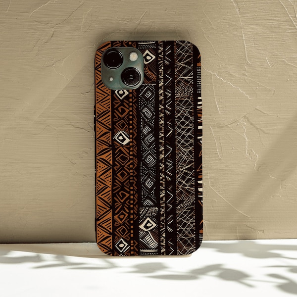 Brown Bogolan African Pattern Phone Case, iPhone 14 13 12 11 X Xr Xs 8 7 Mini Pro Max Plus Samsung Galaxy S23 S22 S21 S20 Ultra