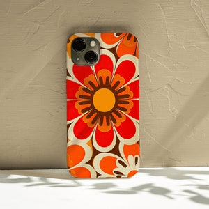 Red Orange Retro Groovy Flower Phone Case, iPhone 14 13 12 11 X Xr Xs 8 7 Mini Pro Max Plus Samsung Galaxy S23 S22 S21 S20 Ultra