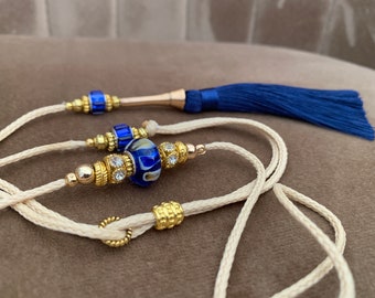 Luxurious dog show leads SET, ring and training leads, handmade with beads and tassel, toy, small breed, cream blue gold colours