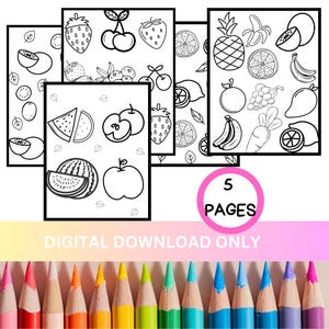 子供向けフルーツぬり絵、教育プリント - 印刷可能な学校アクティビティ（デジタルダウンロード）