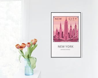 Trendy New York City Skyline Kunst Druck, Minimalistisches Haus & Deko, Reise Poster (Digitaler Download)