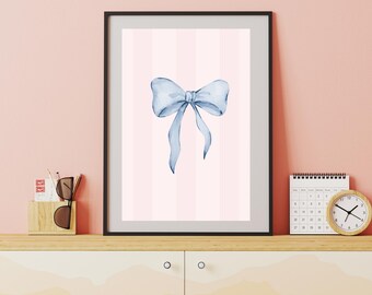Trendy Blue Ribbon Bow Print, Pink Stripe, Minimalist Prints, Girly Wall Art (Digital Download)