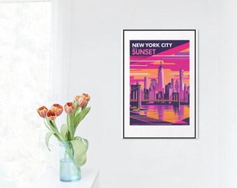 Trendy New York City Sunset Art Print, Minimalist Home & Deco Travel Poster (Digital Download)