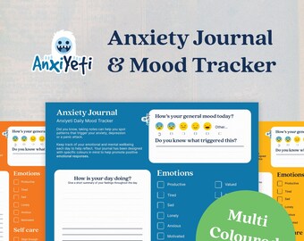 Peut inclure: Un journal d'anxiété et un suivi de l'humeur imprimables bleu, jaune et vert avec un graphique de yéti. Le journal comprend des sections pour suivre les émotions, les soins personnels et les réflexions quotidiennes. Le texte "Anxiety Journal & Mood Tracker" est en haut de la page.