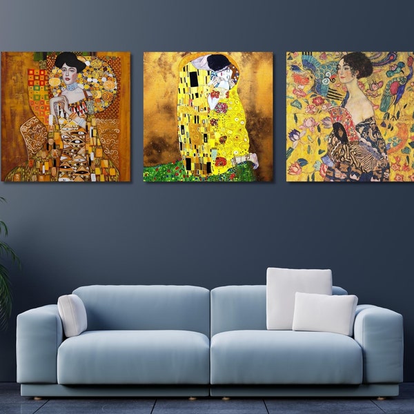 Set Of 3 Gustav Klimt Lady With Fan Canvas Art Klimt Adele Bloch-Bauer Poster Gallery Wrapped Wall Art Print Klimt Museum Exhibition Gift