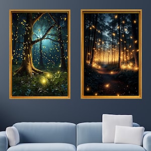 Set Of 2 Firefly and Forest Canvas Wall Art, Firefly Framed Gallery Canvas, Firefly and Night Forest Print Poster, AI Paintings, Landscape