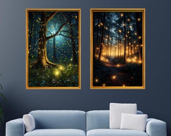 Conjunto de 2 lienzos de luciérnagas y bosque, lienzo de galería enmarcado de luciérnagas, póster impreso de luciérnagas y bosque nocturno, pinturas de IA, paisaje