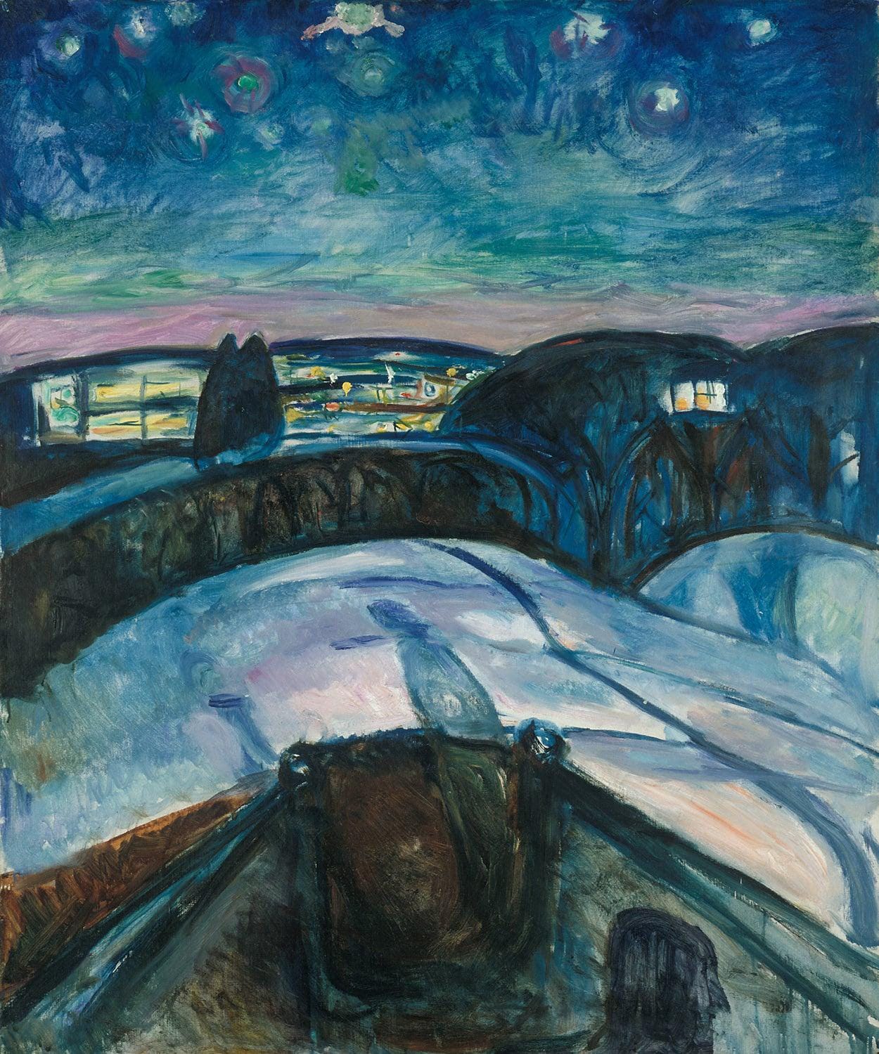 エドヴァルド・ムンク「星月夜」1924年キャンバスプリントウォールアート、ムンクの絵画、ムンクの作品、ノルウェーの画家、複製画