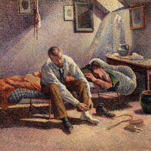 May include: An impressionist painting shows a man seated on a bed, putting on his sock. The room includes a bed, a small table with a jug, and a chair. The artwork uses a pointillist technique with a muted colour palette.