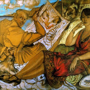 May include: A colorful painting depicts a man and a woman in an interior setting. The man, in a yellow robe, holds a framed image of a cat. The woman, in a red dress, sits on a chair. A cat rests at the man's feet. The background shows a coastal landscape.