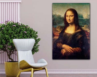 May include: A framed print of the Mona Lisa painting hangs on a wall. The painting depicts a woman with a subtle smile, wearing a dark dress. A modern white chair with wooden legs sits in front of a small tree in a gold pot.