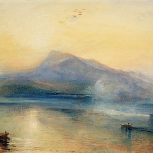 May include: A watercolor painting of a mountain landscape with a lake. The sky is a warm yellow, transitioning to blue over the mountain. Boats and a pier are visible on the water, with soft, blended brushstrokes creating a hazy atmosphere.