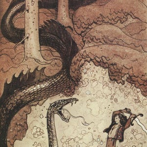 John Bauer Illustration av Jmohn Bauer föreställandes en ung man med svärd i kamp mot en lindor Canvas Print Wall Art,John Bauer Painting