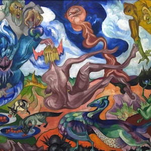 May include: A colorful, surrealist painting featuring multiple figures and creatures. The artwork includes a nude figure, fantastical beings, and animals. The color palette is dominated by blues, greens, and browns, creating a dreamlike atmosphere.