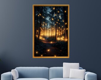 Firefly and Forest Canvas Wall Art, Firefly Framed Gallery Canvas, Firefly and Night Forest Print Poster, AI Paintings, Firefly Landscape