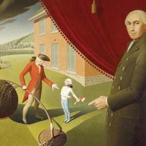 Puede incluir: Una pintura al óleo muestra a un hombre con un abrigo verde señalando una escena con figuras vestidas a la moda colonial. Un hombre con un abrigo rojo tira de un árbol, mientras un niño sostiene un hacha. Una casa y un paisaje están al fondo.