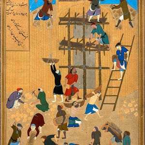 Op de afbeelding: Een antiek Perzisch miniatuurschilderij dat een bouwplaats uitbeeldt. Mannen in kleurrijke kleding werken aan een gebouw, gebruiken ladders, dragen materialen en bedienen gereedschap. Het kunstwerk bevat tekst in de linkerbovenhoek.