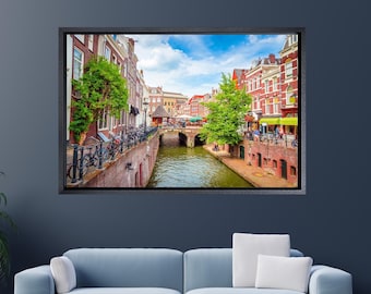 Arte de parede em tela com vista para a cidade de Amsterdã, impressão de pôster de Amsterdã, pinturas de canais de Amsterdã, pinturas da Holanda, impressão de pôster de paisagem holandesa