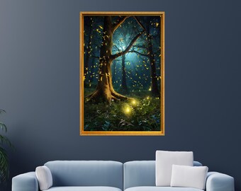 Firefly and Forest Canvas Wall Art, Firefly Framed Gallery Canvas, Firefly and Night Forest Print Poster, AI Paintings, Firefly Landscape