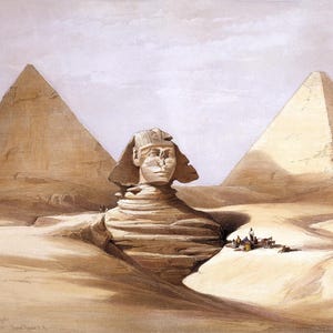 May include: Watercolor painting of the Sphinx and pyramids in Egypt. The Sphinx, with a human head and lion's body, is in the foreground. Two pyramids stand in the background under a cloudy sky. The scene is rendered in shades of tan and brown.