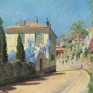 May include: An oil painting depicts a sunlit Italian villa with a tiled roof, green shutters, and climbing blue flowers. A stone wall borders a winding road lined with colorful flowers, leading towards distant hills.