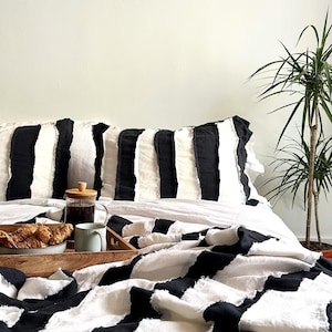 Black and White Linen Pillow Cover - Monochrome Pillow Sham - 100% Linen With Striped Distressed Seams - Handmade In The UK
