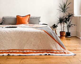 Extra Large Handmade Quilted Bedspread - Reversible Orange, Black and White Design - Hand Block Printed - Double To Super King Size