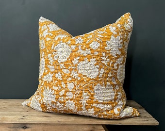 Mustard Yellow Floral Cushion - Hand Block Printed Kantha Stitched Cotton - Reversible Design - Handmade In the UK - 6 Sizes Available