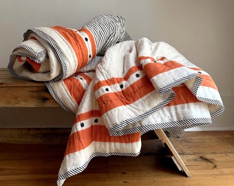 Extra Large Handmade Quilted Bedspread - Reversible Orange, Black and White Design - Hand Block Printed - Double To Super King Size