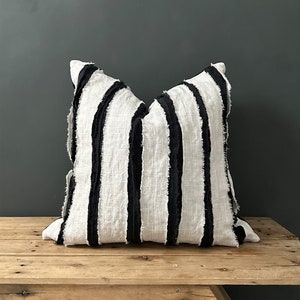 Black And White Striped Cushion -  100% Linen - Square With Textured Stripes - Handmade In The UK - 4 Sizes Available