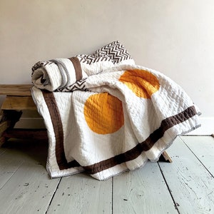 Extra Large Handmade Quilt - Reversible Block Print Quilted Bedspread For Double/Super King Size Bed - Brown, White and Orange Sun Pattern