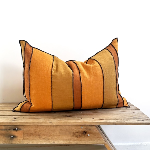 Sunset Terracotta and Orange Striped Linen Cushion - Rectangular Lumbar Shape - 2 Sizes - Linen with Cotton Lining - Handmade in the UK