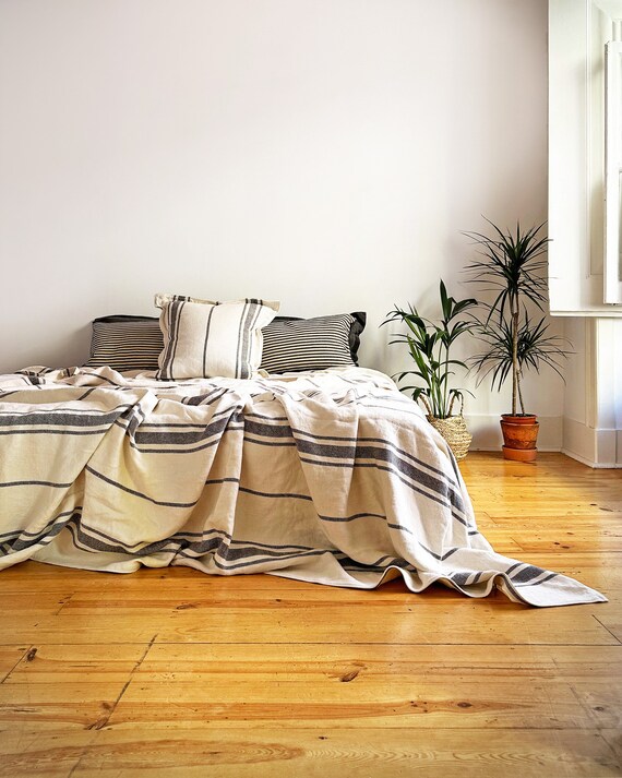 Heavyweight Grey and Cream Striped Linen Blanket Bed Throw Thick Quality Linen French Style Ticking Stripe Throw Double King Size Etsy