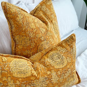 Yellow Floral Block Printed Square Cushion - Indian Cotton With Kantha Hand Stitching Detail - Handmade in the UK