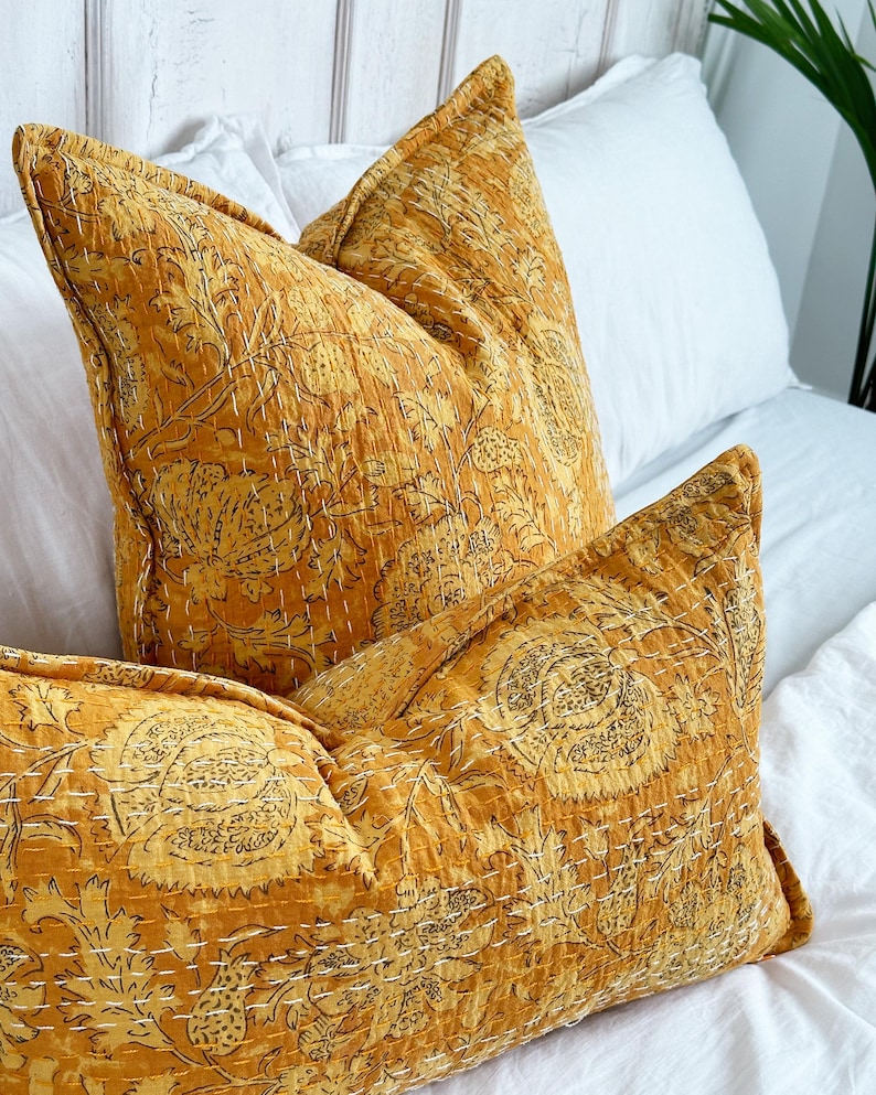 Yellow Floral Block Printed Square Cushion - Indian Cotton With Kantha Hand Stitching Detail - Handmade in the UK