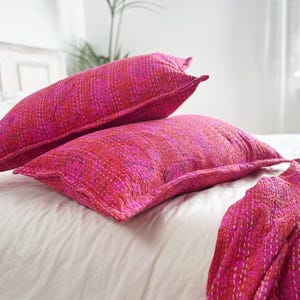 Hot Pink Floral Kantha Pillowcase: Hand-Stitched Block Print Cotton Pillow Sham