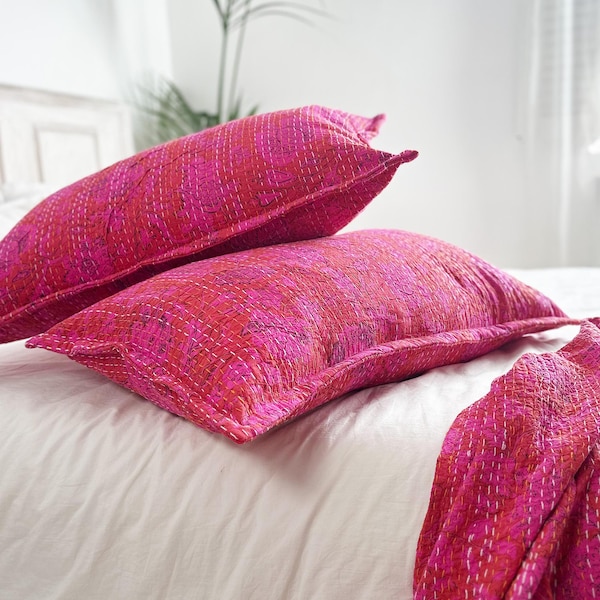 Hot Pink Floral Kantha Pillowcase: Hand-Stitched Block Print Cotton Pillow Sham