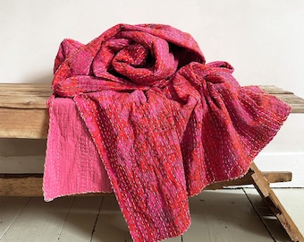 Hot Bright Pink Floral Kantha Quilt Bedspread - Double or King Size - Handmade Cotton Hand Stitched Bedcover Or Sofa Throw Blanket