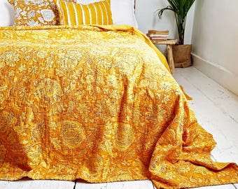 Sunshine Yellow Gold Floral Kantha Quilt - Extra Large Hand Printed 100% Cotton Bedcover or Sofa Throw - For Double or King Size Bed