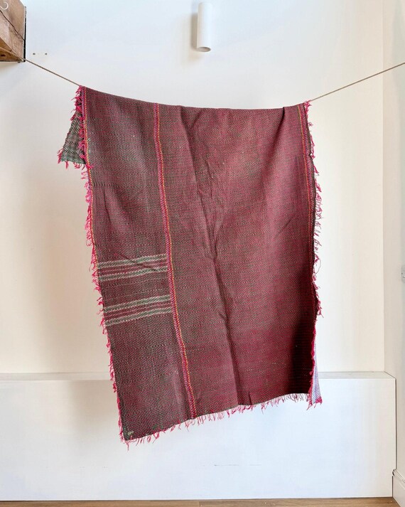Heavy Kantha Blanket Quilt in Burgundy and Blue - Fully Hand Embroidered