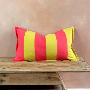 Lime Green and Pink Striped Cotton Rectangular Cushion - Colourful Candy Stripe Colour Block - 100% Cotton - Handmade in the UK