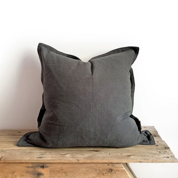 Heavyweight 100% Linen Cushion Cover in Charcoal Grey - Oxford Style Border - Minimalist Square Cushions in 2 Sizes - Handmade In The UK