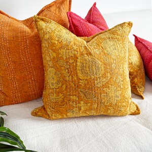 Yellow Floral Block Printed Square Cushion - Indian Cotton With Kantha Hand Stitching Detail - Handmade in the UK