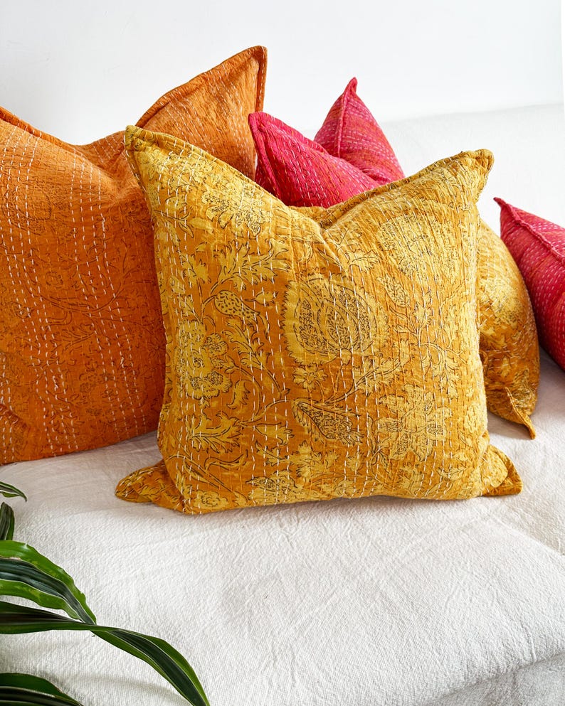Yellow Floral Block Printed Square Cushion - Indian Cotton With Kantha Hand Stitching Detail - Handmade in the UK