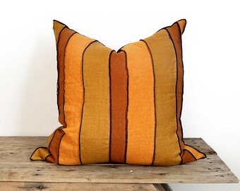 Terracotta and Orange Striped Linen Cushion - 100% Linen With Cotton Lining - Reversible Stripes Design in 4 Sizes - Handmade In The UK