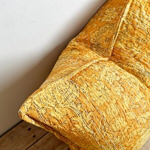 Yellow Floral Block Printed Square Cushion - Indian Cotton With Kantha Hand Stitching Detail - Handmade in the UK